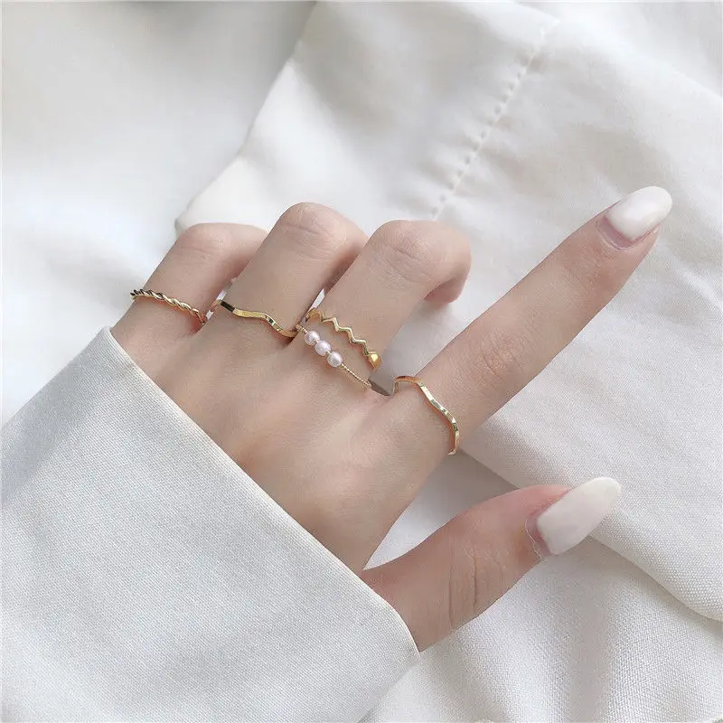 5pcs/set Ring Female Japanese Korean Style Simple Three Pearl Wavy Combination Ring Personality Ring Net Red Tail Ring Jewelry 5pcs/set Ring Female Japanese Korean Style Simple Three Pearl Wavy Combination Ring Personality Ring Net Red Tail Ring Jewelry