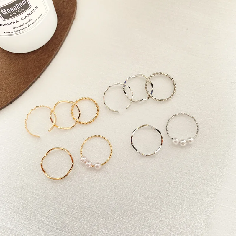 5pcs/set Ring Female Japanese Korean Style Simple Three Pearl Wavy Combination Ring Personality Ring Net Red Tail Ring Jewelry 5pcs/set Ring Female Japanese Korean Style Simple Three Pearl Wavy Combination Ring Personality Ring Net Red Tail Ring Jewelry