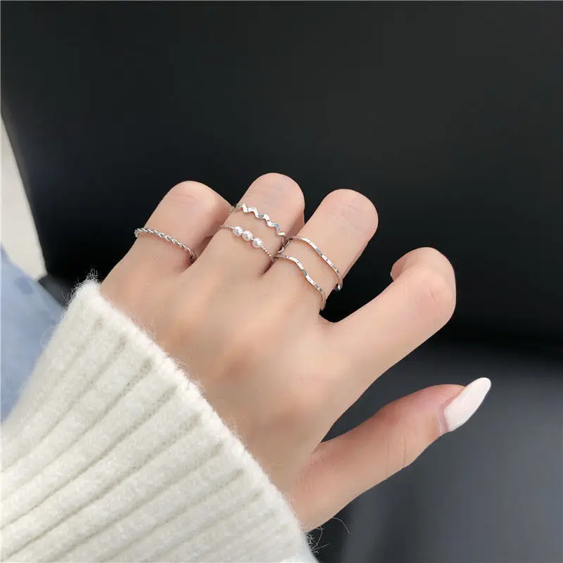 5pcs/set Ring Female Japanese Korean Style Simple Three Pearl Wavy Combination Ring Personality Ring Net Red Tail Ring Jewelry 5pcs/set Ring Female Japanese Korean Style Simple Three Pearl Wavy Combination Ring Personality Ring Net Red Tail Ring Jewelry