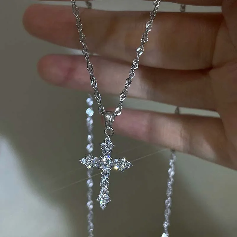 Shiny Crystal Zircon Cross Pendant Necklace for Women Girls Punk Silver Color Thin Chain Necklace Party Jewelry Birthday Gift Shiny Crystal Zircon Cross Pendant Necklace for Women Girls Punk Silver Color Thin Chain Necklace Party Jewelry Birthday Gift