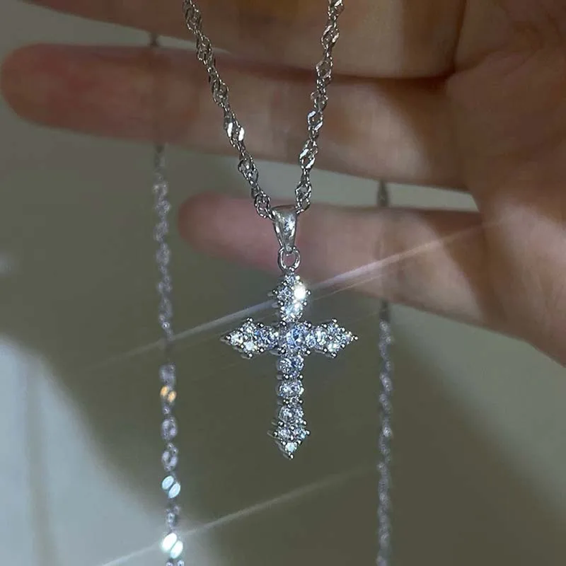 Shiny Crystal Zircon Cross Pendant Necklace for Women Girls Punk Silver Color Thin Chain Necklace Party Jewelry Birthday Gift Shiny Crystal Zircon Cross Pendant Necklace for Women Girls Punk Silver Color Thin Chain Necklace Party Jewelry Birthday Gift