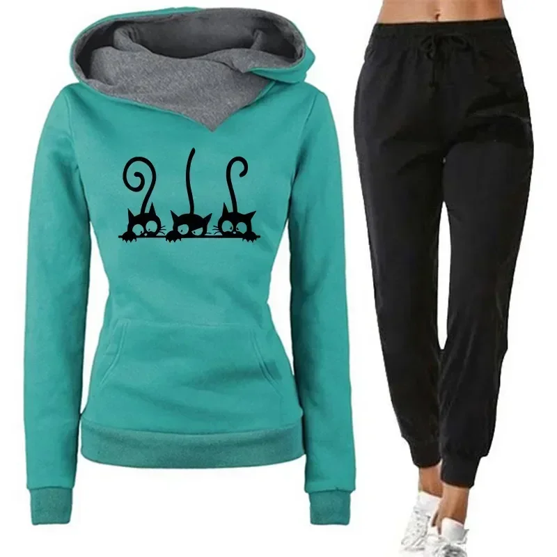 Womens Cute Cat Printing Hooded Outfits High Quality Casual Versatile Sweatshirt Sweatpant Jogging Fitness Hot Sales Tracksuit Womens Cute Cat Printing Hooded Outfits High Quality Casual Versatile Sweatshirt Sweatpant Jogging Fitness Hot Sales Tracksuit