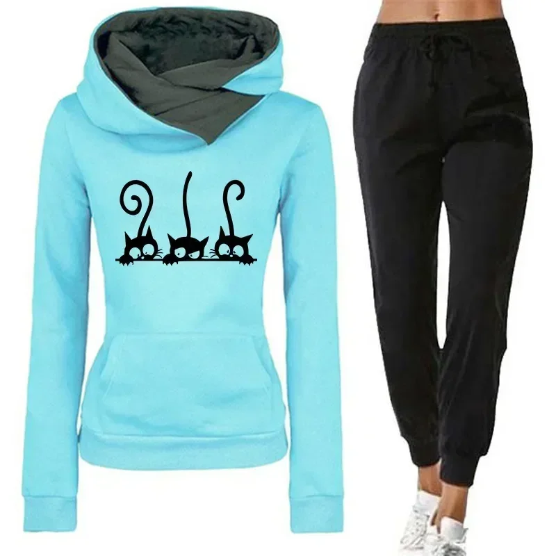Womens Cute Cat Printing Hooded Outfits High Quality Casual Versatile Sweatshirt Sweatpant Jogging Fitness Hot Sales Tracksuit Womens Cute Cat Printing Hooded Outfits High Quality Casual Versatile Sweatshirt Sweatpant Jogging Fitness Hot Sales Tracksuit