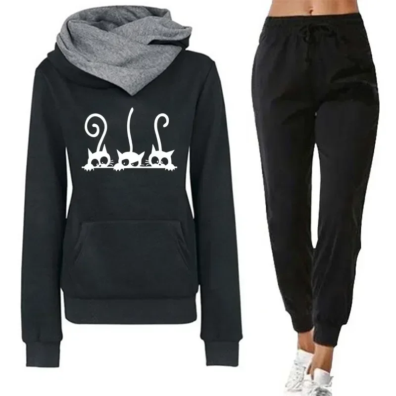Womens Cute Cat Printing Hooded Outfits High Quality Casual Versatile Sweatshirt Sweatpant Jogging Fitness Hot Sales Tracksuit Womens Cute Cat Printing Hooded Outfits High Quality Casual Versatile Sweatshirt Sweatpant Jogging Fitness Hot Sales Tracksuit