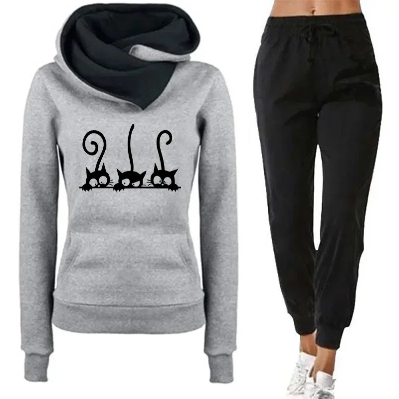 Womens Cute Cat Printing Hooded Outfits High Quality Casual Versatile Sweatshirt Sweatpant Jogging Fitness Hot Sales Tracksuit Womens Cute Cat Printing Hooded Outfits High Quality Casual Versatile Sweatshirt Sweatpant Jogging Fitness Hot Sales Tracksuit