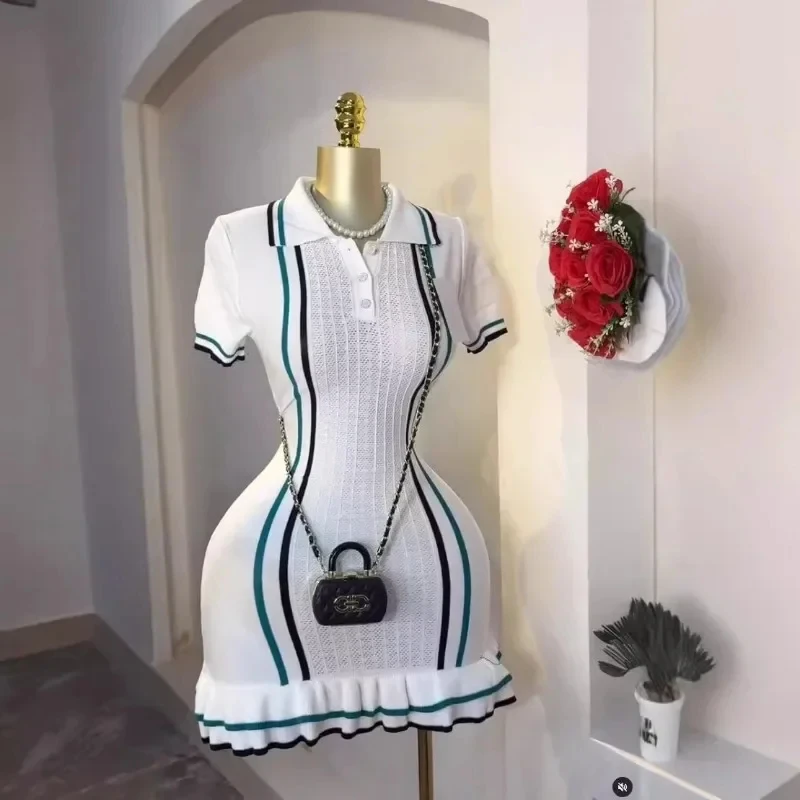 Women Color Patchwork Ruffles Hem Knitted Mini Dress Buttons Polo-neck Short Sleeve High Stretch Bodycon Casual Outfits Vestidos Women Color Patchwork Ruffles Hem Knitted Mini Dress Buttons Polo-neck Short Sleeve High Stretch Bodycon Casual Outfits Vestidos