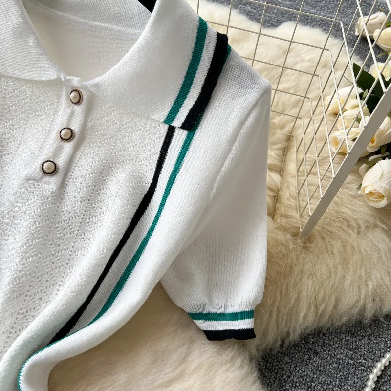 Women Color Patchwork Ruffles Hem Knitted Mini Dress Buttons Polo-neck Short Sleeve High Stretch Bodycon Casual Outfits Vestidos Women Color Patchwork Ruffles Hem Knitted Mini Dress Buttons Polo-neck Short Sleeve High Stretch Bodycon Casual Outfits Vestidos