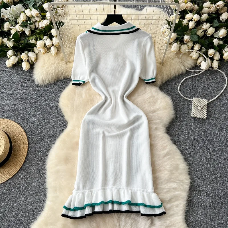 Women Color Patchwork Ruffles Hem Knitted Mini Dress Buttons Polo-neck Short Sleeve High Stretch Bodycon Casual Outfits Vestidos Women Color Patchwork Ruffles Hem Knitted Mini Dress Buttons Polo-neck Short Sleeve High Stretch Bodycon Casual Outfits Vestidos