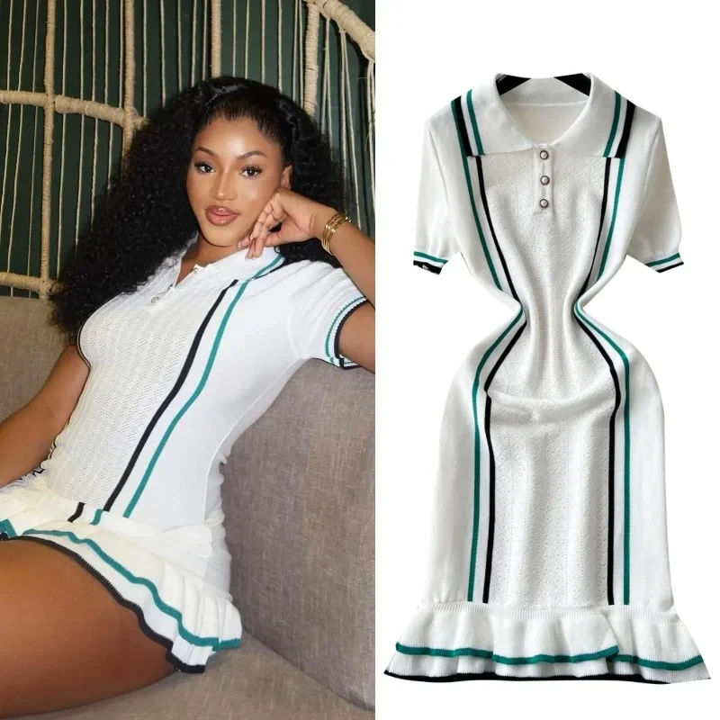 Women Color Patchwork Ruffles Hem Knitted Mini Dress Buttons Polo-neck Short Sleeve High Stretch Bodycon Casual Outfits Vestidos Women Color Patchwork Ruffles Hem Knitted Mini Dress Buttons Polo-neck Short Sleeve High Stretch Bodycon Casual Outfits Vestidos