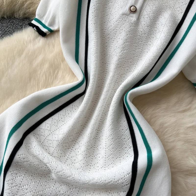Women Color Patchwork Ruffles Hem Knitted Mini Dress Buttons Polo-neck Short Sleeve High Stretch Bodycon Casual Outfits Vestidos Women Color Patchwork Ruffles Hem Knitted Mini Dress Buttons Polo-neck Short Sleeve High Stretch Bodycon Casual Outfits Vestidos