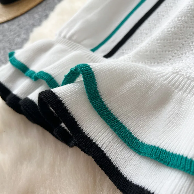 Women Color Patchwork Ruffles Hem Knitted Mini Dress Buttons Polo-neck Short Sleeve High Stretch Bodycon Casual Outfits Vestidos Women Color Patchwork Ruffles Hem Knitted Mini Dress Buttons Polo-neck Short Sleeve High Stretch Bodycon Casual Outfits Vestidos