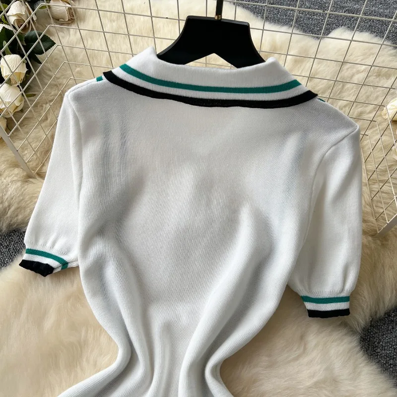 Women Color Patchwork Ruffles Hem Knitted Mini Dress Buttons Polo-neck Short Sleeve High Stretch Bodycon Casual Outfits Vestidos Women Color Patchwork Ruffles Hem Knitted Mini Dress Buttons Polo-neck Short Sleeve High Stretch Bodycon Casual Outfits Vestidos