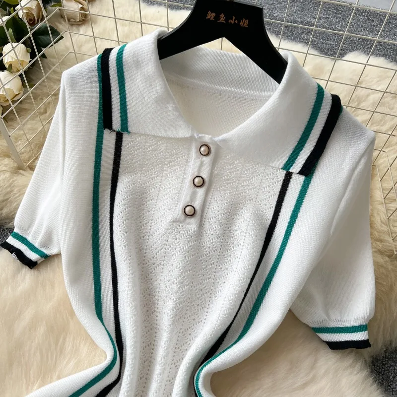 Women Color Patchwork Ruffles Hem Knitted Mini Dress Buttons Polo-neck Short Sleeve High Stretch Bodycon Casual Outfits Vestidos Women Color Patchwork Ruffles Hem Knitted Mini Dress Buttons Polo-neck Short Sleeve High Stretch Bodycon Casual Outfits Vestidos