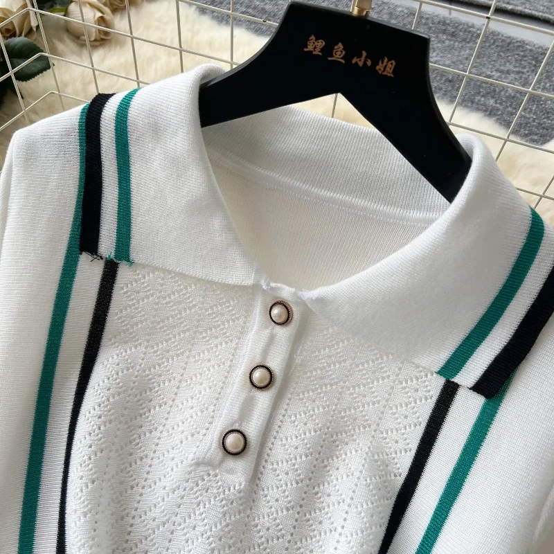 Women Color Patchwork Ruffles Hem Knitted Mini Dress Buttons Polo-neck Short Sleeve High Stretch Bodycon Casual Outfits Vestidos Women Color Patchwork Ruffles Hem Knitted Mini Dress Buttons Polo-neck Short Sleeve High Stretch Bodycon Casual Outfits Vestidos