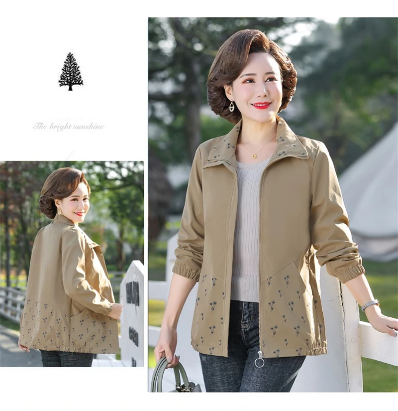 Women's Windbreaker New Spring Autumn Short Jackets Thin Mom Clothes Square Neck Pocket Zipper Printing Casual Trench Coats Women's Windbreaker New Spring Autumn Short Jackets Thin Mom Clothes Square Neck Pocket Zipper Printing Casual Trench Coats