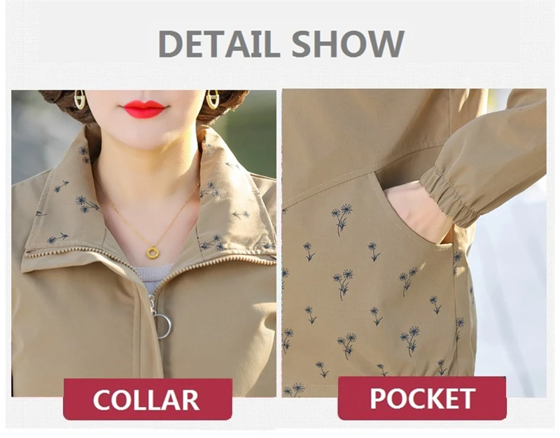 Women's Windbreaker New Spring Autumn Short Jackets Thin Mom Clothes Square Neck Pocket Zipper Printing Casual Trench Coats Women's Windbreaker New Spring Autumn Short Jackets Thin Mom Clothes Square Neck Pocket Zipper Printing Casual Trench Coats
