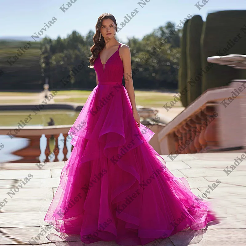 Long Arabic Customized Fuchsia Tulle Evening Dresses with Straps Party Dress Formal vestidos de noche Long Arabic Customized Fuchsia Tulle Evening Dresses with Straps Party Dress Formal vestidos de noche