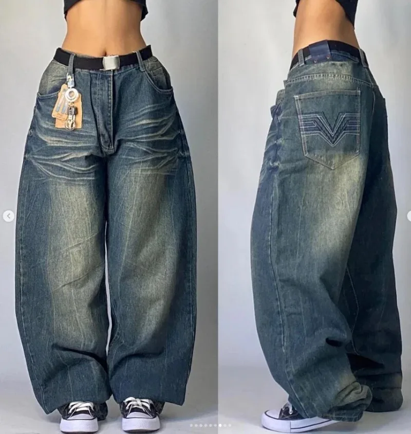 2024 New American Harajuku Retro Straight High Waist Y2K Street Style Women Washed Blue Pockets Baggy Jeans Gothic Wide Pants 2024 New American Harajuku Retro Straight High Waist Y2K Street Style Women Washed Blue Pockets Baggy Jeans Gothic Wide Pants