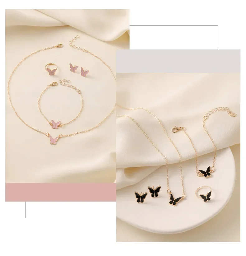 New Personalized Butterfly Glazed Bracelet Ring Necklace Earring, Exquisite Small and Fashionableand High Sense Collar Chain Set New Personalized Butterfly Glazed Bracelet Ring Necklace Earring, Exquisite Small and Fashionableand High Sense Collar Chain Set