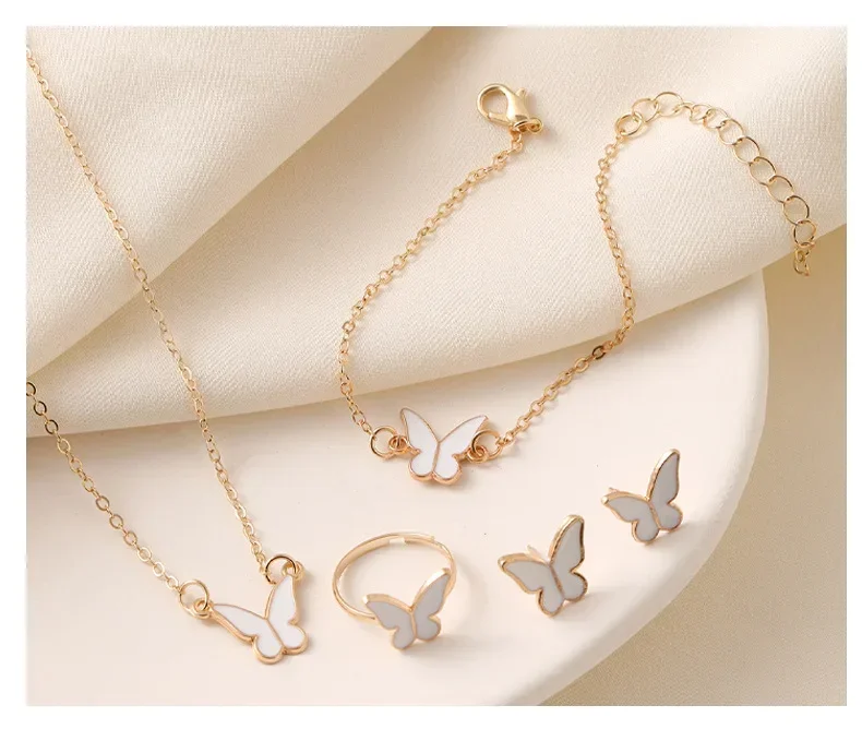 New Personalized Butterfly Glazed Bracelet Ring Necklace Earring, Exquisite Small and Fashionableand High Sense Collar Chain Set New Personalized Butterfly Glazed Bracelet Ring Necklace Earring, Exquisite Small and Fashionableand High Sense Collar Chain Set
