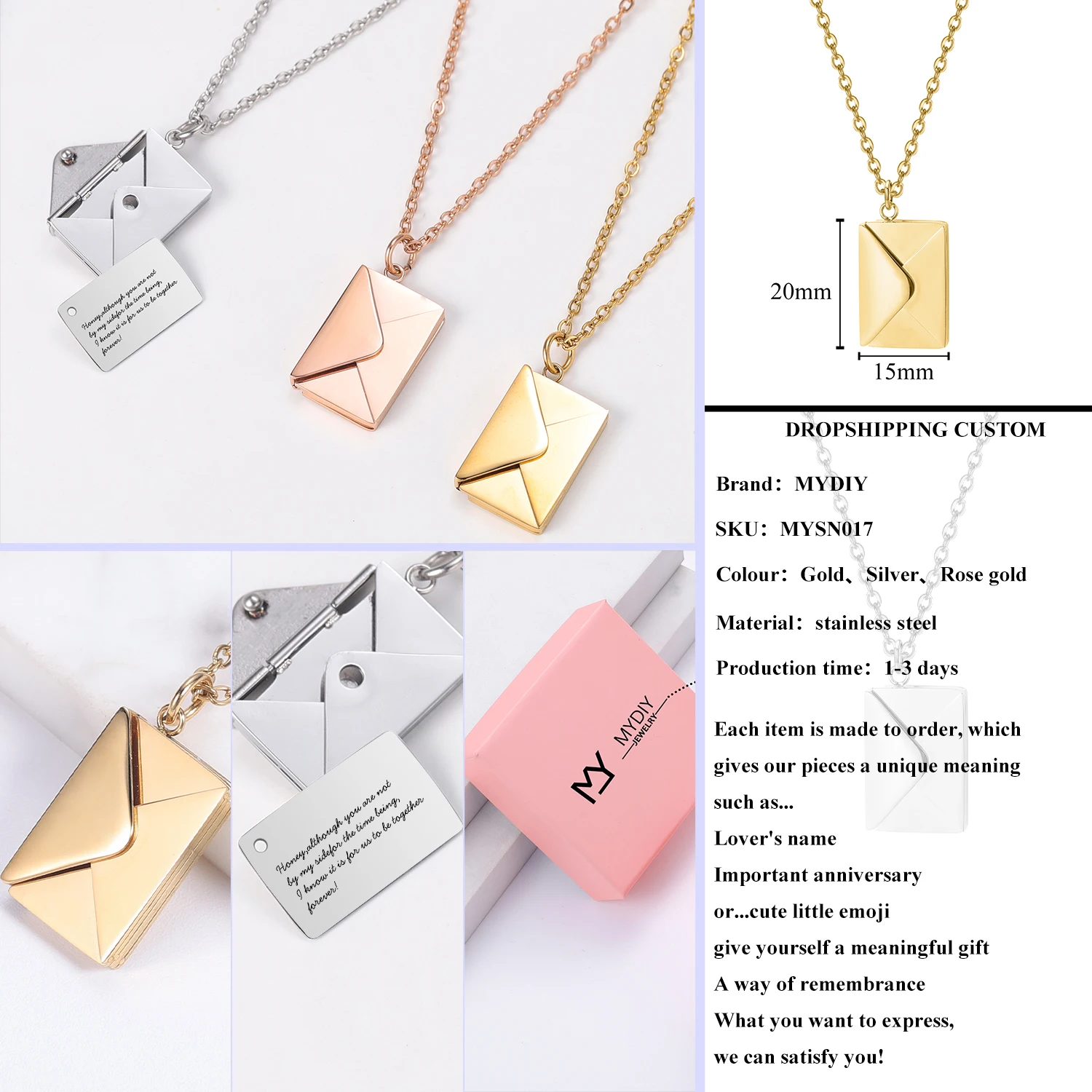 Love Letter Envelope Pendant Necklace Customized Stainless Steel Jewelry Confession Love You for Valentine Day Mother Day Gift Love Letter Envelope Pendant Necklace Customized Stainless Steel Jewelry Confession Love You for Valentine Day Mother Day Gift