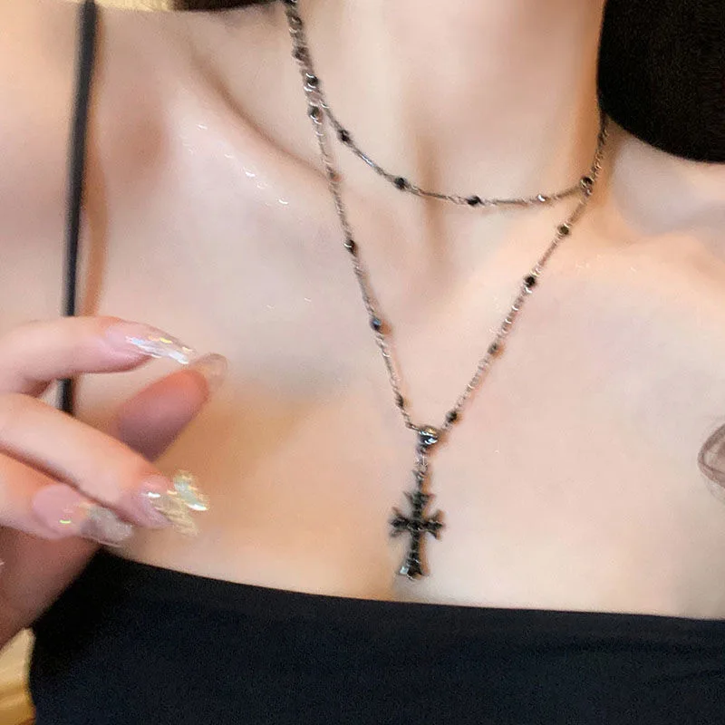 Summer Black Rhinestone Cross Jesus Pendant Choker Necklace for Women Punk Vintage Double Layers Chain 2024 Neck Boho Jewelry Summer Black Rhinestone Cross Jesus Pendant Choker Necklace for Women Punk Vintage Double Layers Chain 2024 Neck Boho Jewelry