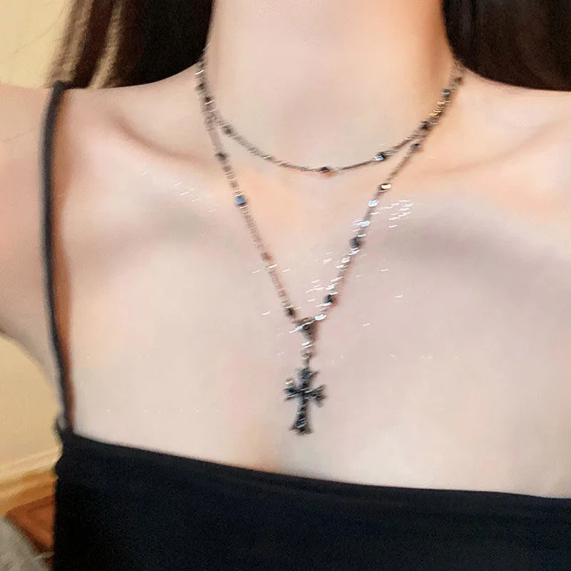 Summer Black Rhinestone Cross Jesus Pendant Choker Necklace for Women Punk Vintage Double Layers Chain 2024 Neck Boho Jewelry Summer Black Rhinestone Cross Jesus Pendant Choker Necklace for Women Punk Vintage Double Layers Chain 2024 Neck Boho Jewelry