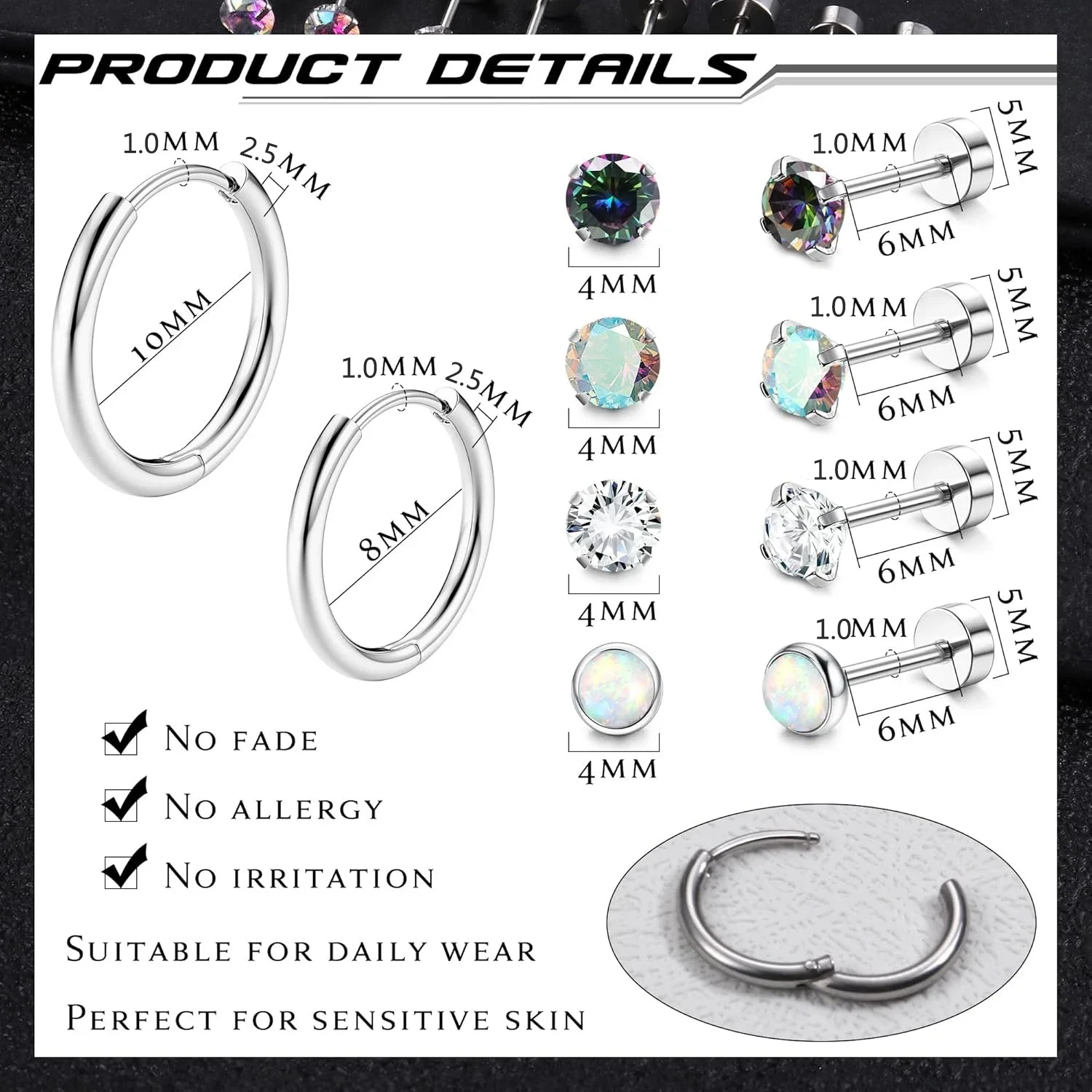 Women Men Hypoallergenic Hoop Earrings for Sensitive Ears CZ Flat Back Earrings Stud 18G Stainless Steel Cartilage Earrings Set Women Men Hypoallergenic Hoop Earrings for Sensitive Ears CZ Flat Back Earrings Stud 18G Stainless Steel Cartilage Earrings Set