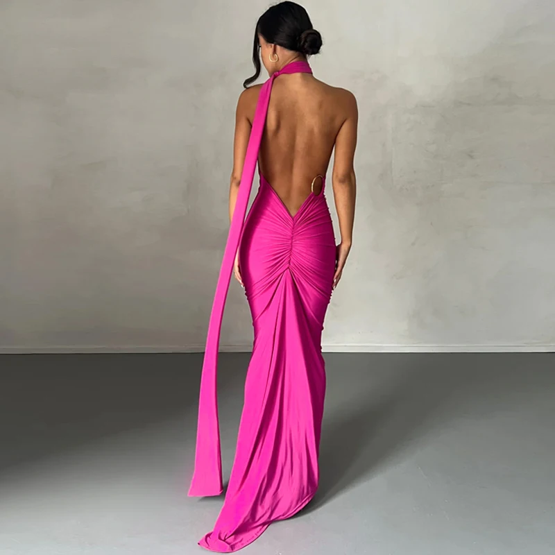 Hugcitar One Shoulder Backless Adjustable Scarf Loop Ruched Sexy Maxi Dress 2025 Women Elegant Y2K Streetwear Festival Outfit Hugcitar One Shoulder Backless Adjustable Scarf Loop Ruched Sexy Maxi Dress 2025 Women Elegant Y2K Streetwear Festival Outfit