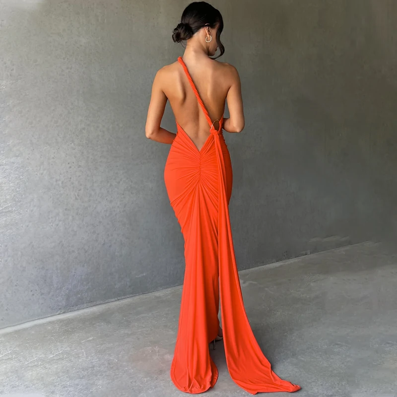 Hugcitar One Shoulder Backless Adjustable Scarf Loop Ruched Sexy Maxi Dress 2025 Women Elegant Y2K Streetwear Festival Outfit Hugcitar One Shoulder Backless Adjustable Scarf Loop Ruched Sexy Maxi Dress 2025 Women Elegant Y2K Streetwear Festival Outfit