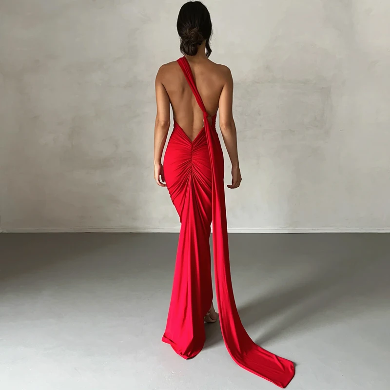 Hugcitar One Shoulder Backless Adjustable Scarf Loop Ruched Sexy Maxi Dress 2025 Women Elegant Y2K Streetwear Festival Outfit Hugcitar One Shoulder Backless Adjustable Scarf Loop Ruched Sexy Maxi Dress 2025 Women Elegant Y2K Streetwear Festival Outfit