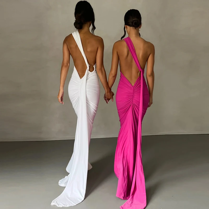 Hugcitar One Shoulder Backless Adjustable Scarf Loop Ruched Sexy Maxi Dress 2025 Women Elegant Y2K Streetwear Festival Outfit Hugcitar One Shoulder Backless Adjustable Scarf Loop Ruched Sexy Maxi Dress 2025 Women Elegant Y2K Streetwear Festival Outfit