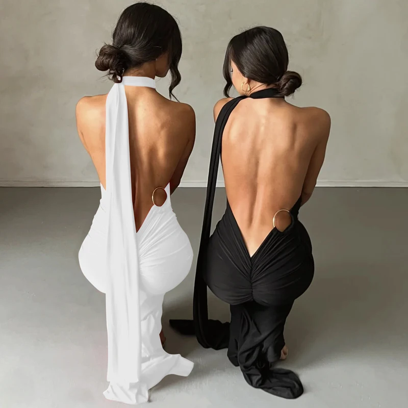 Hugcitar One Shoulder Backless Adjustable Scarf Loop Ruched Sexy Maxi Dress 2025 Women Elegant Y2K Streetwear Festival Outfit Hugcitar One Shoulder Backless Adjustable Scarf Loop Ruched Sexy Maxi Dress 2025 Women Elegant Y2K Streetwear Festival Outfit