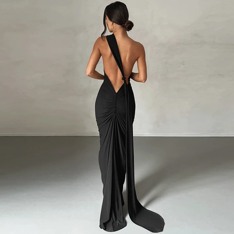 Hugcitar One Shoulder Backless Adjustable Scarf Loop Ruched Sexy Maxi Dress 2025 Women Elegant Y2K Streetwear Festival Outfit Hugcitar One Shoulder Backless Adjustable Scarf Loop Ruched Sexy Maxi Dress 2025 Women Elegant Y2K Streetwear Festival Outfit