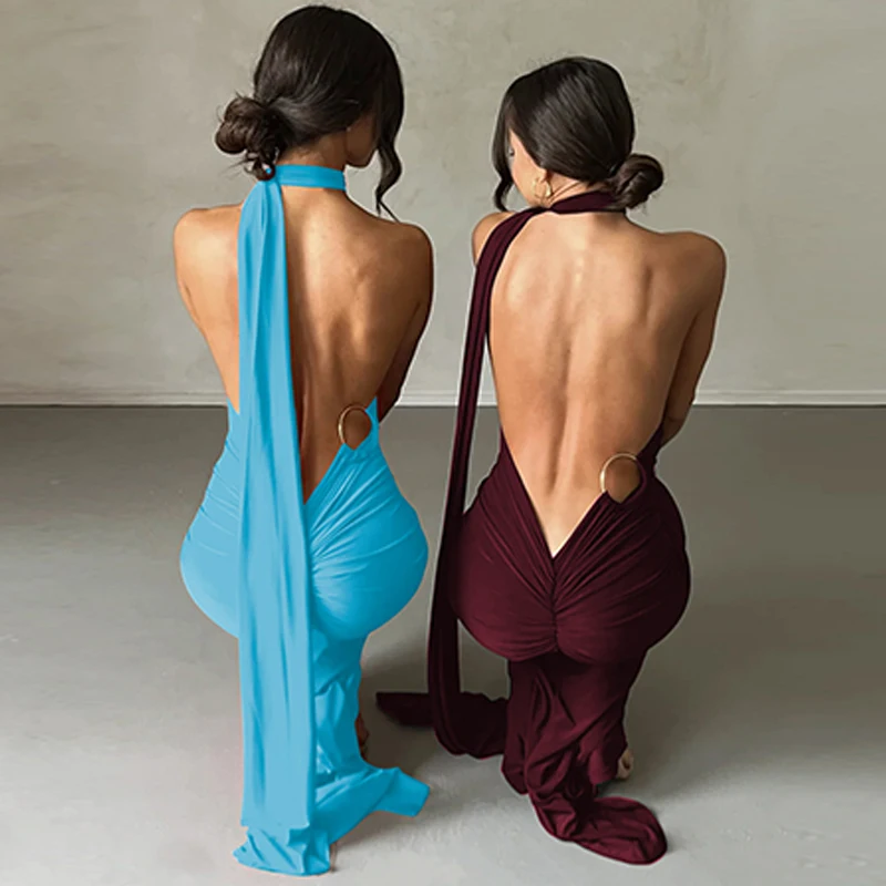 Hugcitar One Shoulder Backless Adjustable Scarf Loop Ruched Sexy Maxi Dress 2025 Women Elegant Y2K Streetwear Festival Outfit Hugcitar One Shoulder Backless Adjustable Scarf Loop Ruched Sexy Maxi Dress 2025 Women Elegant Y2K Streetwear Festival Outfit