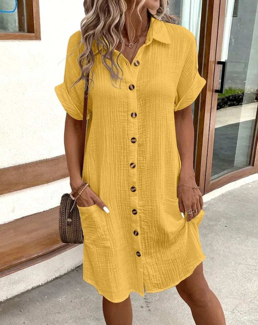 Summer Simple V-neck Button Up Dress Woman Cotton Linen White Short Sleeved Pocket Casual Solid Loose Shirt Mini Dress 2025 Summer Simple V-neck Button Up Dress Woman Cotton Linen White Short Sleeved Pocket Casual Solid Loose Shirt Mini Dress 2025
