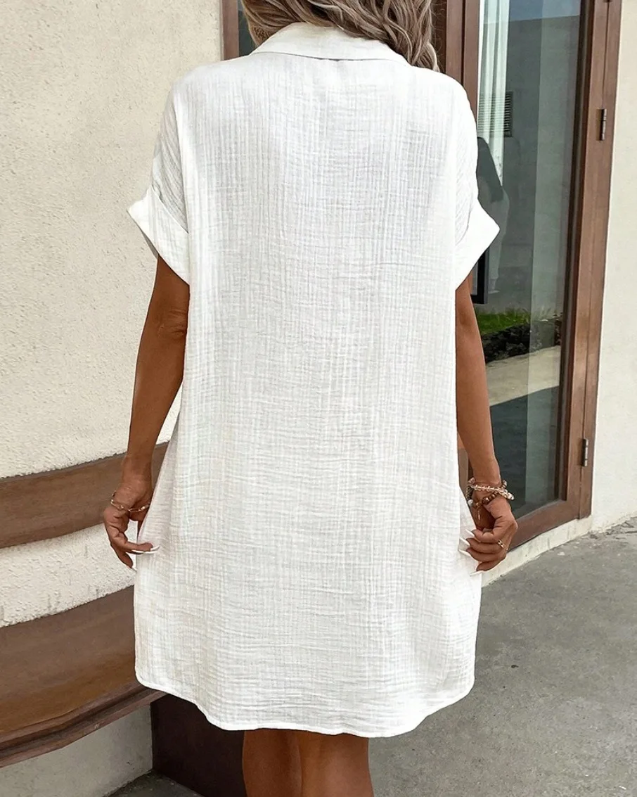 Summer Simple V-neck Button Up Dress Woman Cotton Linen White Short Sleeved Pocket Casual Solid Loose Shirt Mini Dress 2025 Summer Simple V-neck Button Up Dress Woman Cotton Linen White Short Sleeved Pocket Casual Solid Loose Shirt Mini Dress 2025