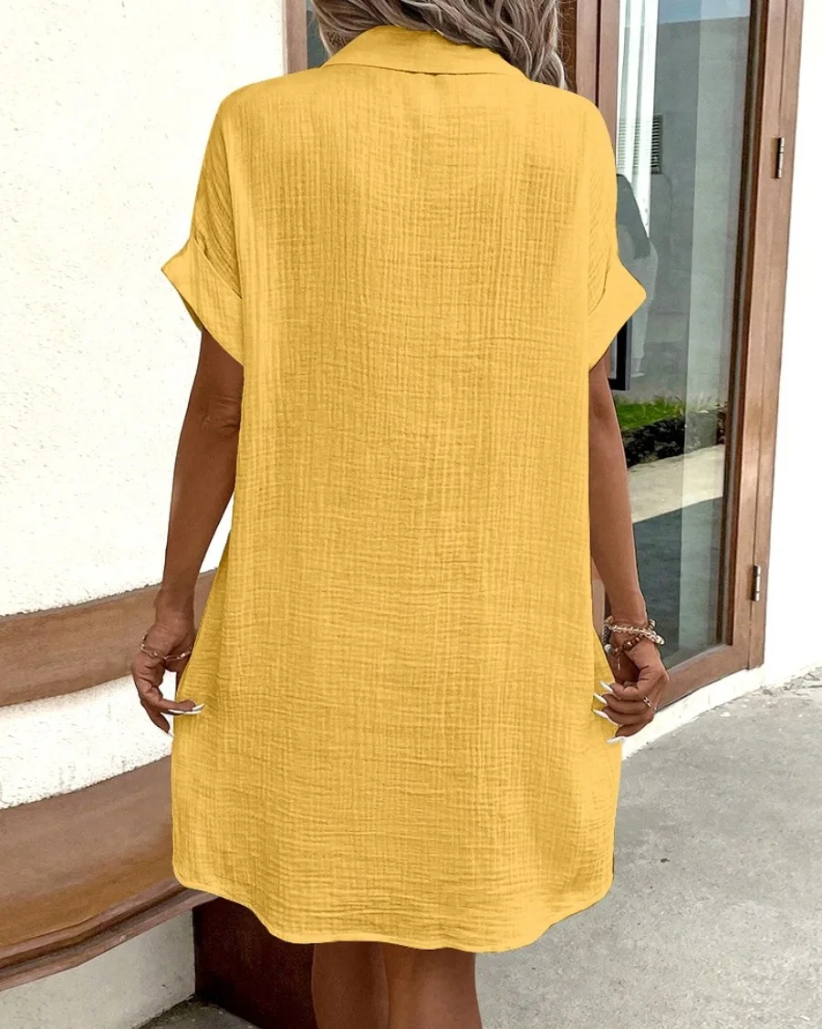 Summer Simple V-neck Button Up Dress Woman Cotton Linen White Short Sleeved Pocket Casual Solid Loose Shirt Mini Dress 2025 Summer Simple V-neck Button Up Dress Woman Cotton Linen White Short Sleeved Pocket Casual Solid Loose Shirt Mini Dress 2025