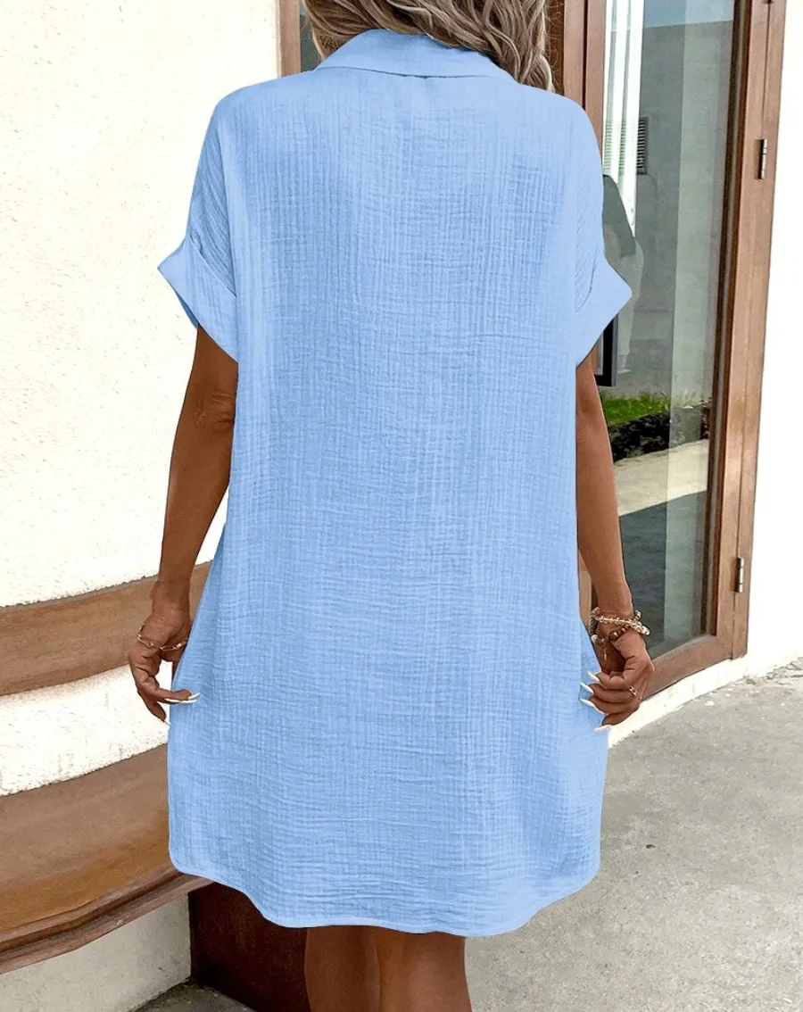Summer Simple V-neck Button Up Dress Woman Cotton Linen White Short Sleeved Pocket Casual Solid Loose Shirt Mini Dress 2025 Summer Simple V-neck Button Up Dress Woman Cotton Linen White Short Sleeved Pocket Casual Solid Loose Shirt Mini Dress 2025