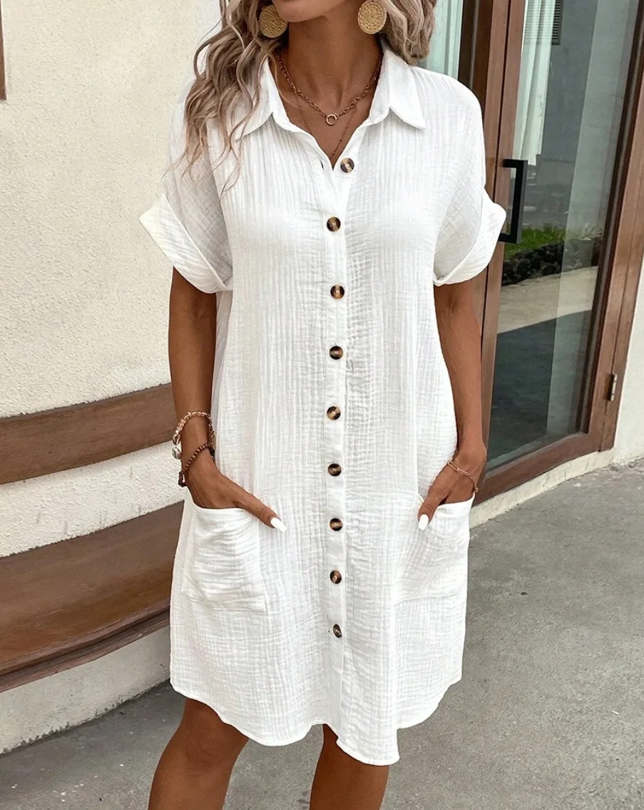 Summer Simple V-neck Button Up Dress Woman Cotton Linen White Short Sleeved Pocket Casual Solid Loose Shirt Mini Dress 2025 Summer Simple V-neck Button Up Dress Woman Cotton Linen White Short Sleeved Pocket Casual Solid Loose Shirt Mini Dress 2025