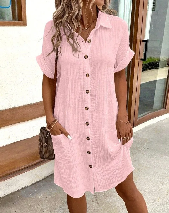 Summer Simple V-neck Button Up Dress Woman Cotton Linen White Short Sleeved Pocket Casual Solid Loose Shirt Mini Dress 2025 Summer Simple V-neck Button Up Dress Woman Cotton Linen White Short Sleeved Pocket Casual Solid Loose Shirt Mini Dress 2025