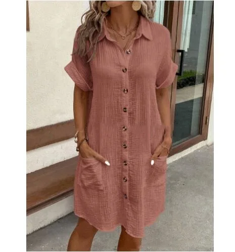 Summer Simple V-neck Button Up Dress Woman Cotton Linen White Short Sleeved Pocket Casual Solid Loose Shirt Mini Dress 2025 Summer Simple V-neck Button Up Dress Woman Cotton Linen White Short Sleeved Pocket Casual Solid Loose Shirt Mini Dress 2025