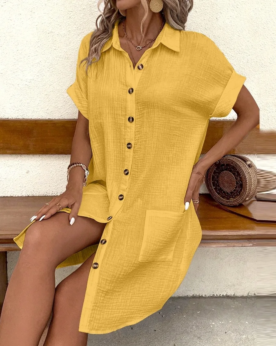 Summer Simple V-neck Button Up Dress Woman Cotton Linen White Short Sleeved Pocket Casual Solid Loose Shirt Mini Dress 2025 Summer Simple V-neck Button Up Dress Woman Cotton Linen White Short Sleeved Pocket Casual Solid Loose Shirt Mini Dress 2025