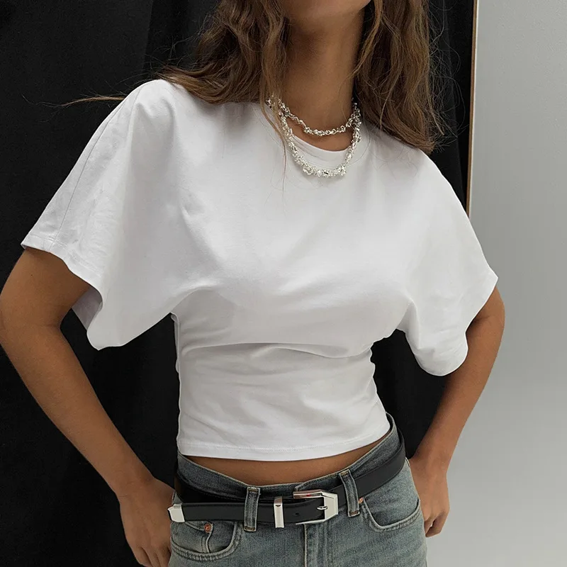 Spring Summer New Crop Tops Fashion Women Half Sleeve O-Neck Oversized Solid Y2K Tank Top Casual Sweet Vintage Pleated Chic Tees Spring Summer New Crop Tops Fashion Women Half Sleeve O-Neck Oversized Solid Y2K Tank Top Casual Sweet Vintage Pleated Chic Tees