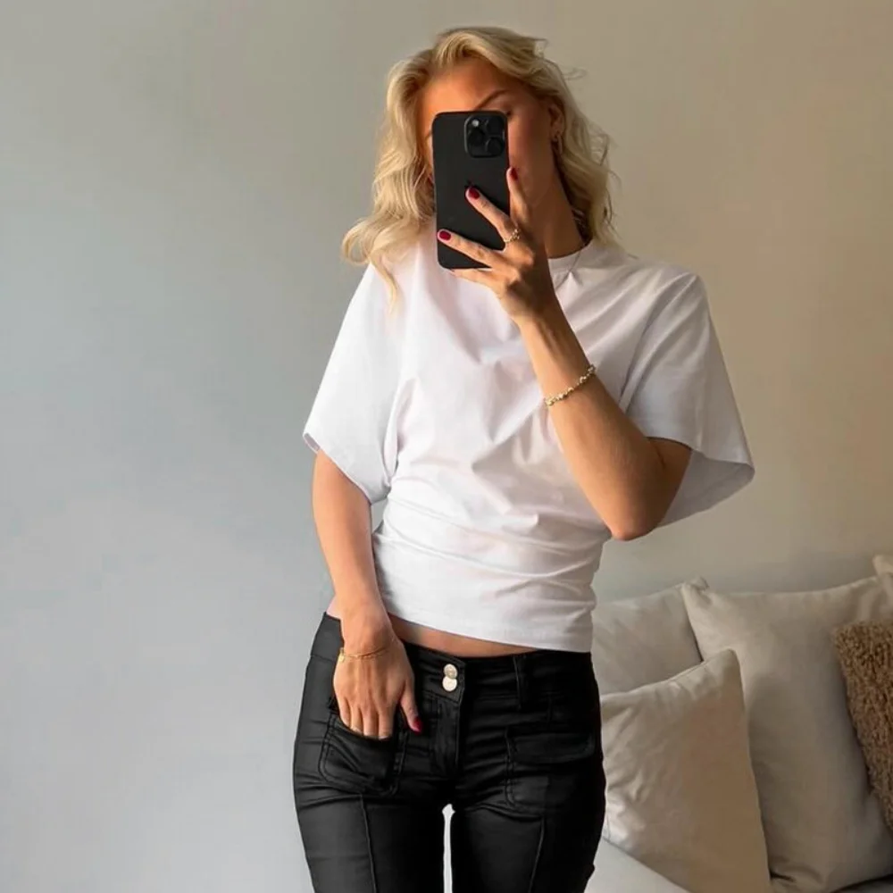 Spring Summer New Crop Tops Fashion Women Half Sleeve O-Neck Oversized Solid Y2K Tank Top Casual Sweet Vintage Pleated Chic Tees Spring Summer New Crop Tops Fashion Women Half Sleeve O-Neck Oversized Solid Y2K Tank Top Casual Sweet Vintage Pleated Chic Tees