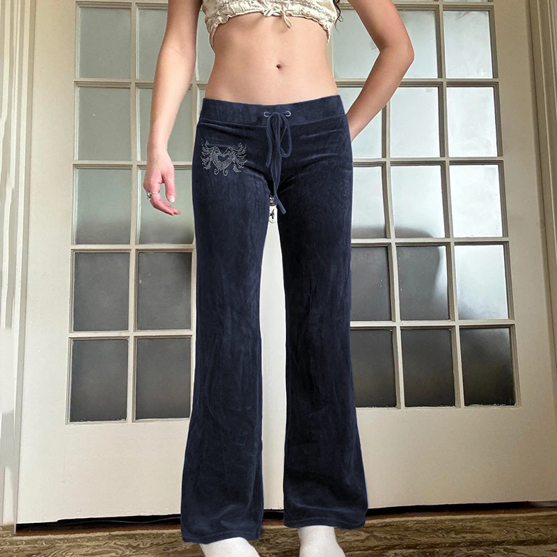Rockmore Retro Rhinestone Flare Pants Velvet Drawstring Casual Trouser Streetwear Cute Bottoms Y2K Aesthetic 2000s Women's Pants Rockmore Retro Rhinestone Flare Pants Velvet Drawstring Casual Trouser Streetwear Cute Bottoms Y2K Aesthetic 2000s Women's Pants