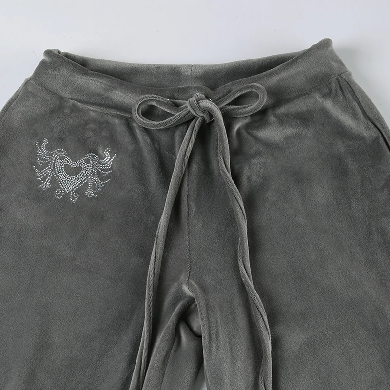 Rockmore Retro Rhinestone Flare Pants Velvet Drawstring Casual Trouser Streetwear Cute Bottoms Y2K Aesthetic 2000s Women's Pants Rockmore Retro Rhinestone Flare Pants Velvet Drawstring Casual Trouser Streetwear Cute Bottoms Y2K Aesthetic 2000s Women's Pants