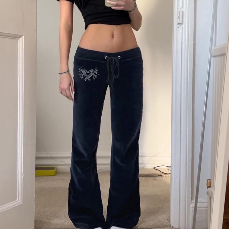 Rockmore Retro Rhinestone Flare Pants Velvet Drawstring Casual Trouser Streetwear Cute Bottoms Y2K Aesthetic 2000s Women's Pants Rockmore Retro Rhinestone Flare Pants Velvet Drawstring Casual Trouser Streetwear Cute Bottoms Y2K Aesthetic 2000s Women's Pants