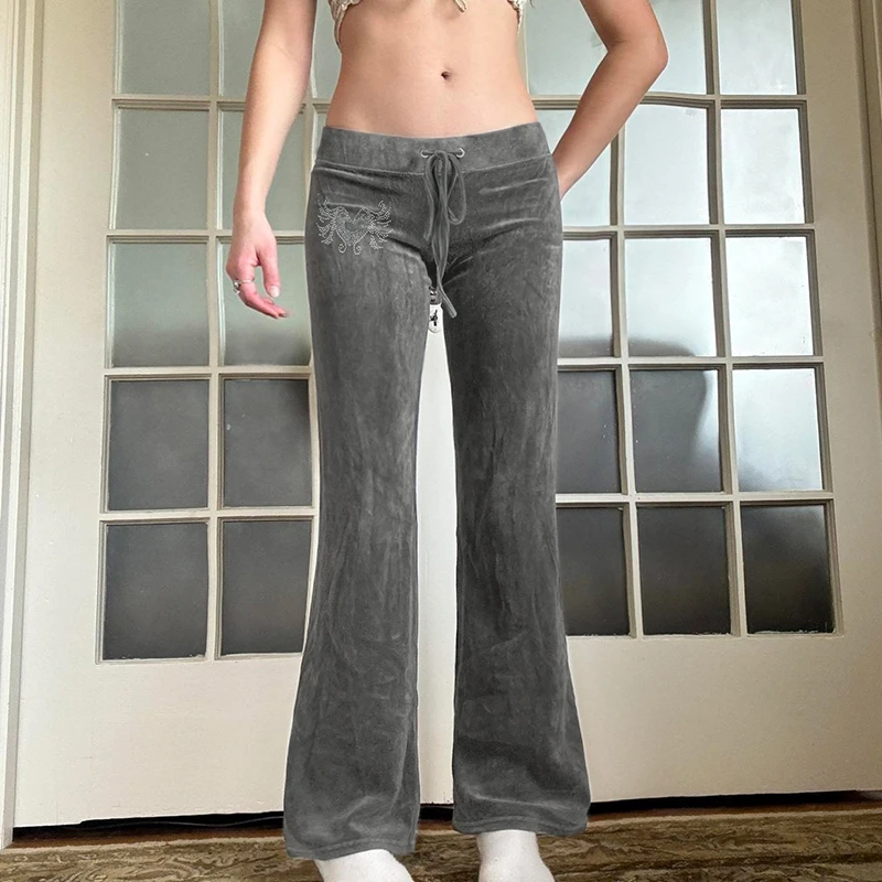 Rockmore Retro Rhinestone Flare Pants Velvet Drawstring Casual Trouser Streetwear Cute Bottoms Y2K Aesthetic 2000s Women's Pants Rockmore Retro Rhinestone Flare Pants Velvet Drawstring Casual Trouser Streetwear Cute Bottoms Y2K Aesthetic 2000s Women's Pants
