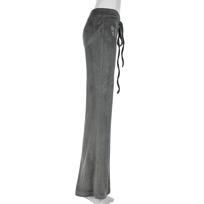Rockmore Retro Rhinestone Flare Pants Velvet Drawstring Casual Trouser Streetwear Cute Bottoms Y2K Aesthetic 2000s Women's Pants Rockmore Retro Rhinestone Flare Pants Velvet Drawstring Casual Trouser Streetwear Cute Bottoms Y2K Aesthetic 2000s Women's Pants